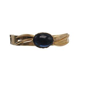 Vintage Gold Tone Hinged Bracelet With Blue Cabochon By Pcraft